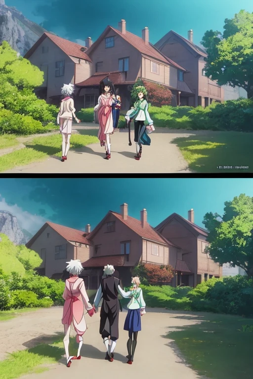 Painting depicting a family walking in front of a large house, screenshot from the anime film, Madhouse studio anime style, anime jade camping, Animation movie screenshots, Madhouse anime style, Today’s recommended anime  still, Studio Ghibli anime screenshots, Screenshot of the 2012 animation, 2 0 1 9 animation screenshots, anime screenshot, anime screenshot