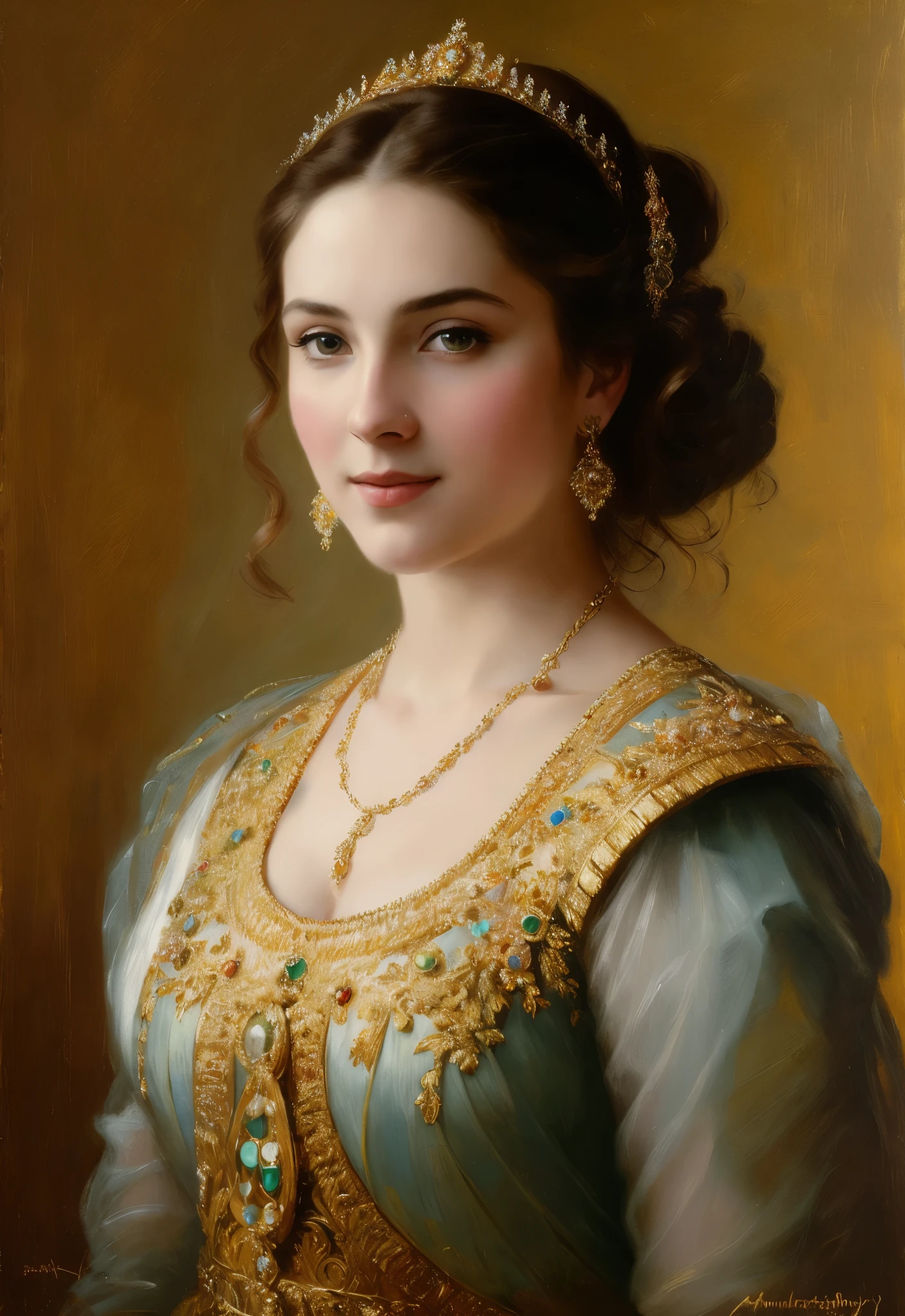 Masterpiece, Best quality, Ethereal beauty, portrait, girl, 35 years old Woman, middle ages, classicism, andrey atroshenko style, painting, traditional media, realistic, figurative, fine art, oil on canvas, HDR, 8K, original character, high resolution, high detail, focus on the face