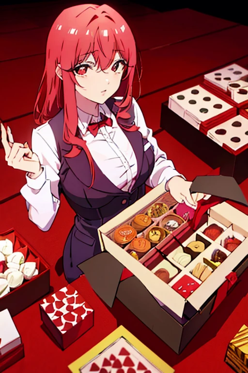 a red haired woman with red eyes is presenting a box of chocolates