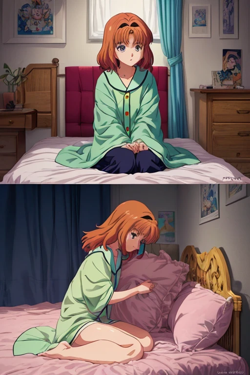 (a girl in a bedroom with a green blanket on the bed, a table with anime decor, surrounded by posters of famous anime characters. The room filled with the vibrant and colorful art style of Studio Ghibli. The lighting soft and warm, creating a cozy atmosphere. The girl wearing a cute anime-themed pajama and sitting on the bed, engrossed in her favorite anime on TV. The room filled with the charm of 80s anime, reminiscent of the magical world of Porco Rosso. The overall scene captures the essence of popular anime culture, transporting the viewer to a world of imagination and creativity.)