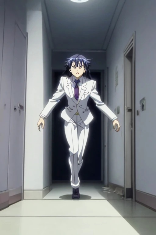 Anime character in white suit walking through dark corridor, Running anime girl, Screenshot of the 2012 animation, screenshot from the anime film, in animated movies, Kuro anime screenshots, Today’s recommended anime  still, Still from anime, TV animation stills, Madhouse studio anime style, Madhouse anime style