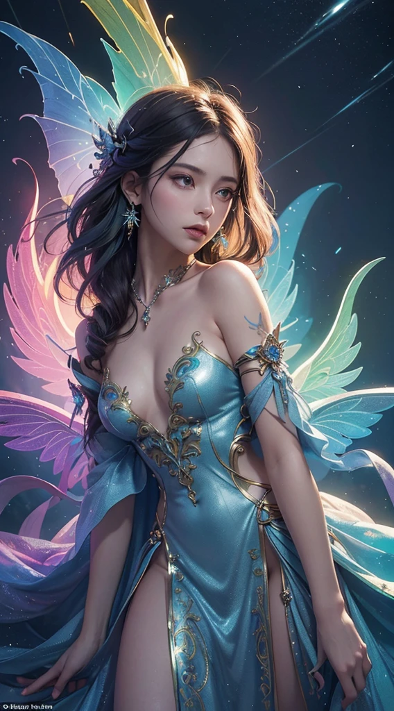 (((masterpiece))), (((Best quality))), ((ultra detailed)),(highly detailed CG illustration), ((an extremely delicate and beautiful)), Cinematic light, Create a stunning work of fantasy art that imitates the style of current masters of the genre. The artwork should contain elements of both mythical fantasy and fairy tale fantasy with dreamy rainbow accents. ((Use rainbow as the main color scheme.)) The character in the artwork is a small, delicate but strong figure, with an aura of mystery and magic. (beautiful translucent rainbow wings). Pay close attention to intricate facial features, such as fascinating eyes with vibrant colors and bold shading. The character's clothing should be designed like that of a sorceress, silk, stunning embroidery, and subtle iridescent details. Incorporate (((Translucent rainbow))), dreamy colors, dynamic lighting, and detailed background elements to create a sense of wonder and immersion. Includes colorful magical flying birds and jewel-toned firepower that radiates a magical aura. Consider the latest trends in fantasy art, such as incorporating unique lighting effects, exploring dynamic and compelling composition techniques, and experimenting with unique color palettes. Get inspired by the best artists on ArtStation and Midjourney. Camera: Choose an angle that highlights the beauty of the character and enhances the magical majesty of the artwork. Lighting: Use atmospheric lighting techniques to create depth and mood. Resolution: Aim for a high-resolution artwork to show intricate details and clarity. Artistic Inspirations: Find inspiration from trending artists on ArtStation, exploring different styles, genres, and themes.