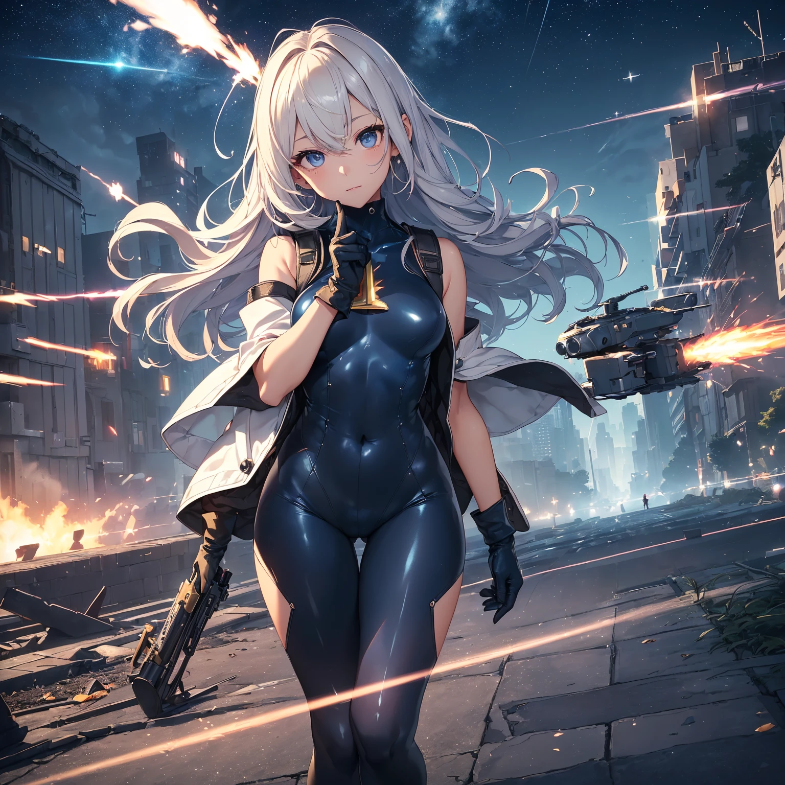 A dynamic series of paintings depicting a silver-haired, blue-eyed warrior girl., 8k, 超High resolution, Super detailed, High resolution,(Well designed face), Great face, (Very detailed), Beautiful Eyes, Soft lighting,, Outdoor, street,, urushisato,1980s,, Beautiful attention to detail,Machinery Parts, Asymmetrical hair,Thigh-high socks, Latex suit,Cleavage,celebration,bless,flower