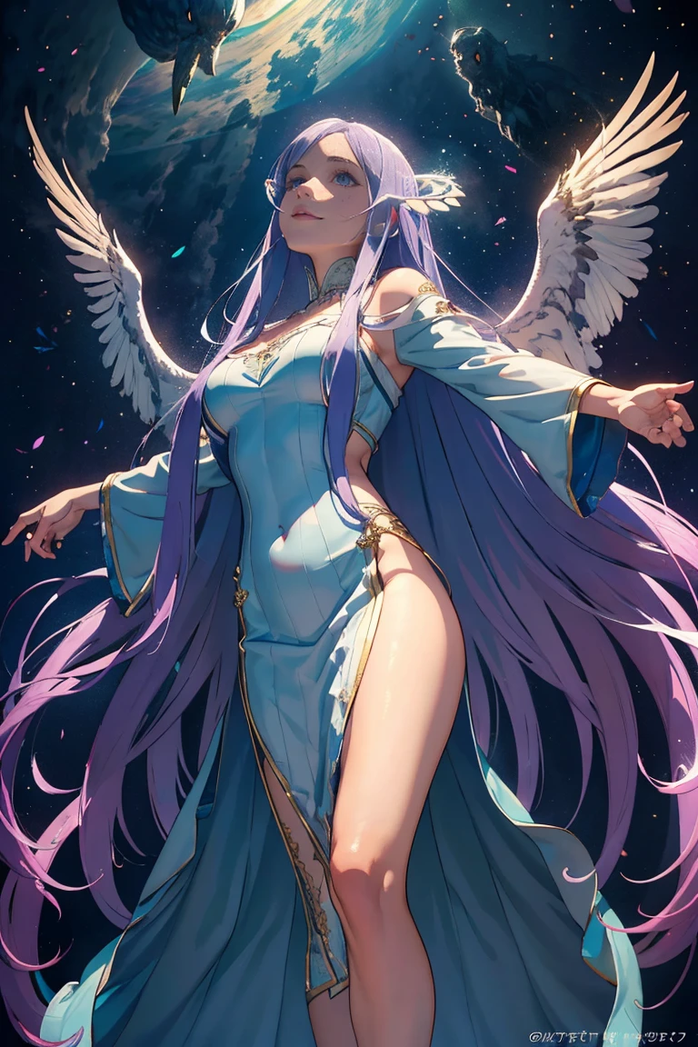 (best quality, 4k, 8k, high resolution, masterpiece: 1.2), ultra-detailed, hauntingly beautiful, powerful, mystical, majestic, mysterious, enchanting, elegant, seductive, goddess, beauty, attractive, divine,  long white dress, Divine dress,floating, shining, robes fluttering, delicate and detailed features, piercing eyes, radiant skin, on a bed, a shining tower, vast wuarto, divine beauty, solemn atmosphere