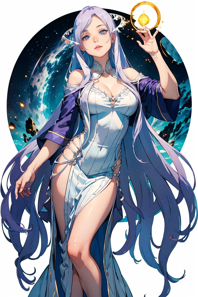 (best quality, 4k, 8k, high resolution, masterpiece: 1.2), ultra-detailed, hauntingly beautiful, powerful, mystical, majestic, mysterious, enchanting, elegant, seductive, goddess, beauty, attractive, divine,  long white dress, Divine dress,floating, shining, robes fluttering, delicate and detailed features, piercing eyes, radiant skin, on a bed, a shining tower, vast wuarto, divine beauty, solemn atmosphere