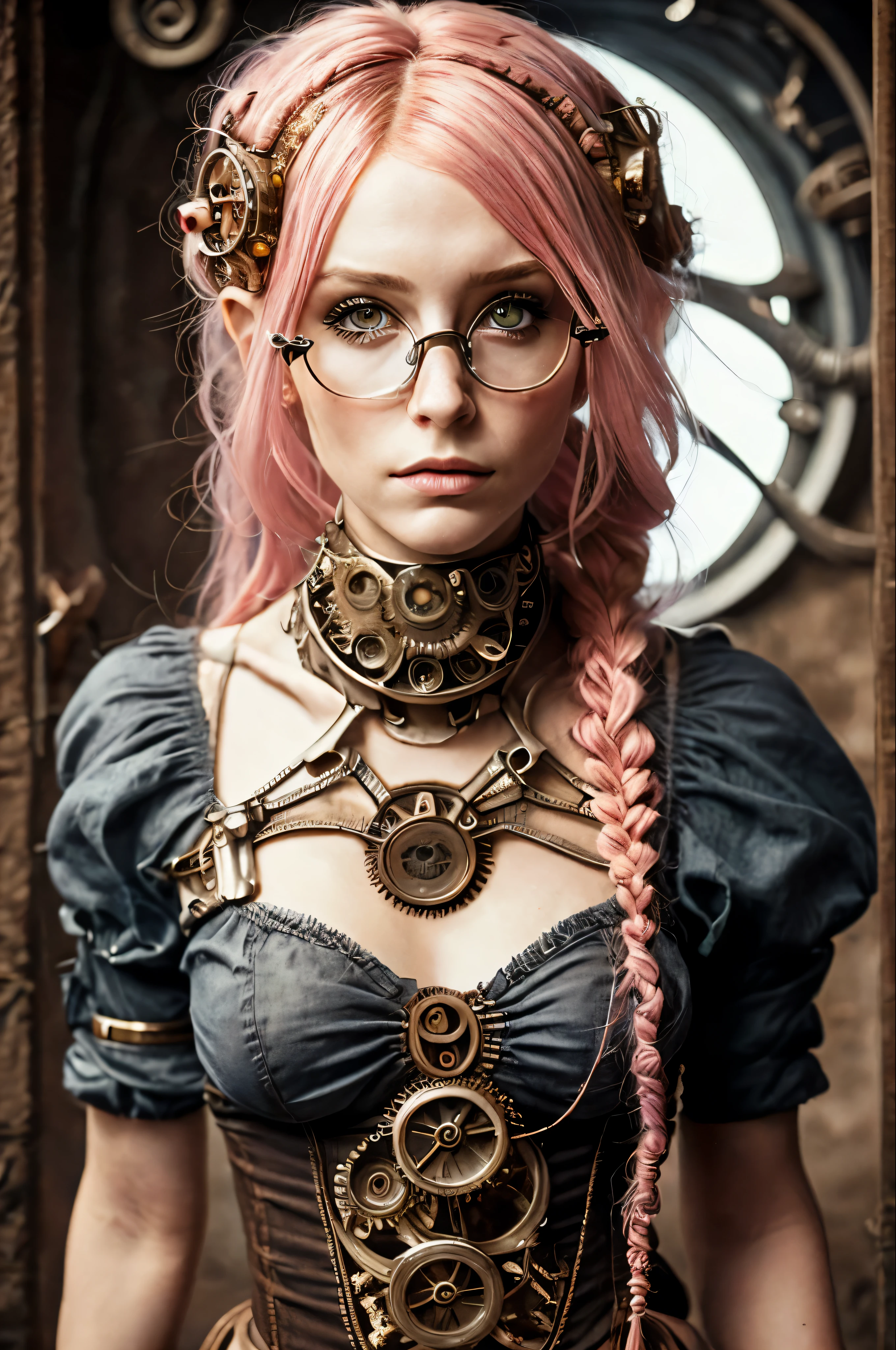 (Realistic:1.2), Analog Photography Style, beautiful elf woman, posing, with freckles, with glasses and long pink hair, braided., (steampunk dark fantasy atmosphere), Soft natural light, Cute and sexy, Great quality, masterpiece, detailed strange background, Better Performance, Quality: 16K, raw photo