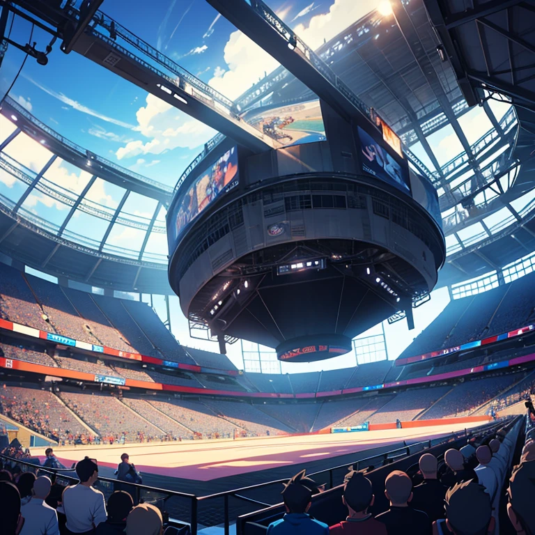there a ring with a sky background and a ring court, arena background, fighting ring background, anime scenery concept art, martial arts sport arena, cool skydome, anime background art, in the middle of an arena, fighting ring stadium, official anime still, skydome, anime scenery, in a world tornament arena, stadium landscape, cushart