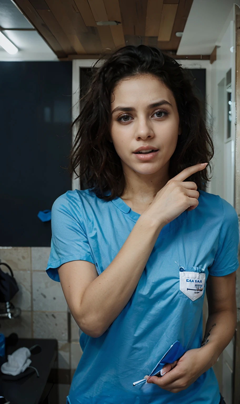 uma mulher  olhando pra cima 
 cabelo comprido  olhando pra cima , vestindo camisa social azul, imagem frontal,  Expression of confusion 