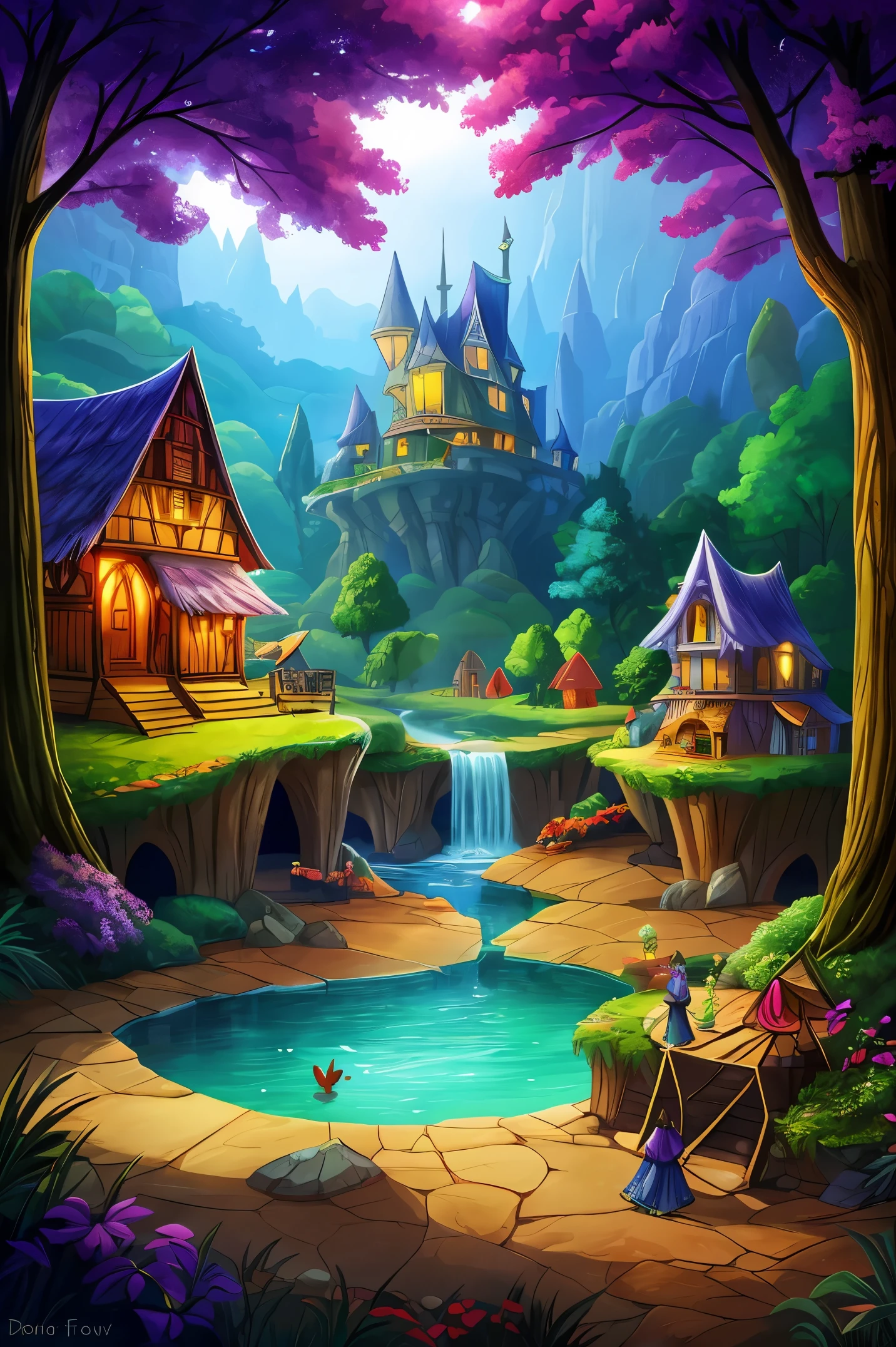 Colorful woods，Cartoon illustration of fantasy forest with tree house and stream, colorful concept art, made of tree and fantasy valley, arte de fundo, fairy kingdom forest, Stylized concept art, enchanted magical fantasy forest, magical fantasy 2 d concept art, fairy tale style background, a bustling magical town, whimsical fantasy landscape art, elf forest background, medeival fantasy town
