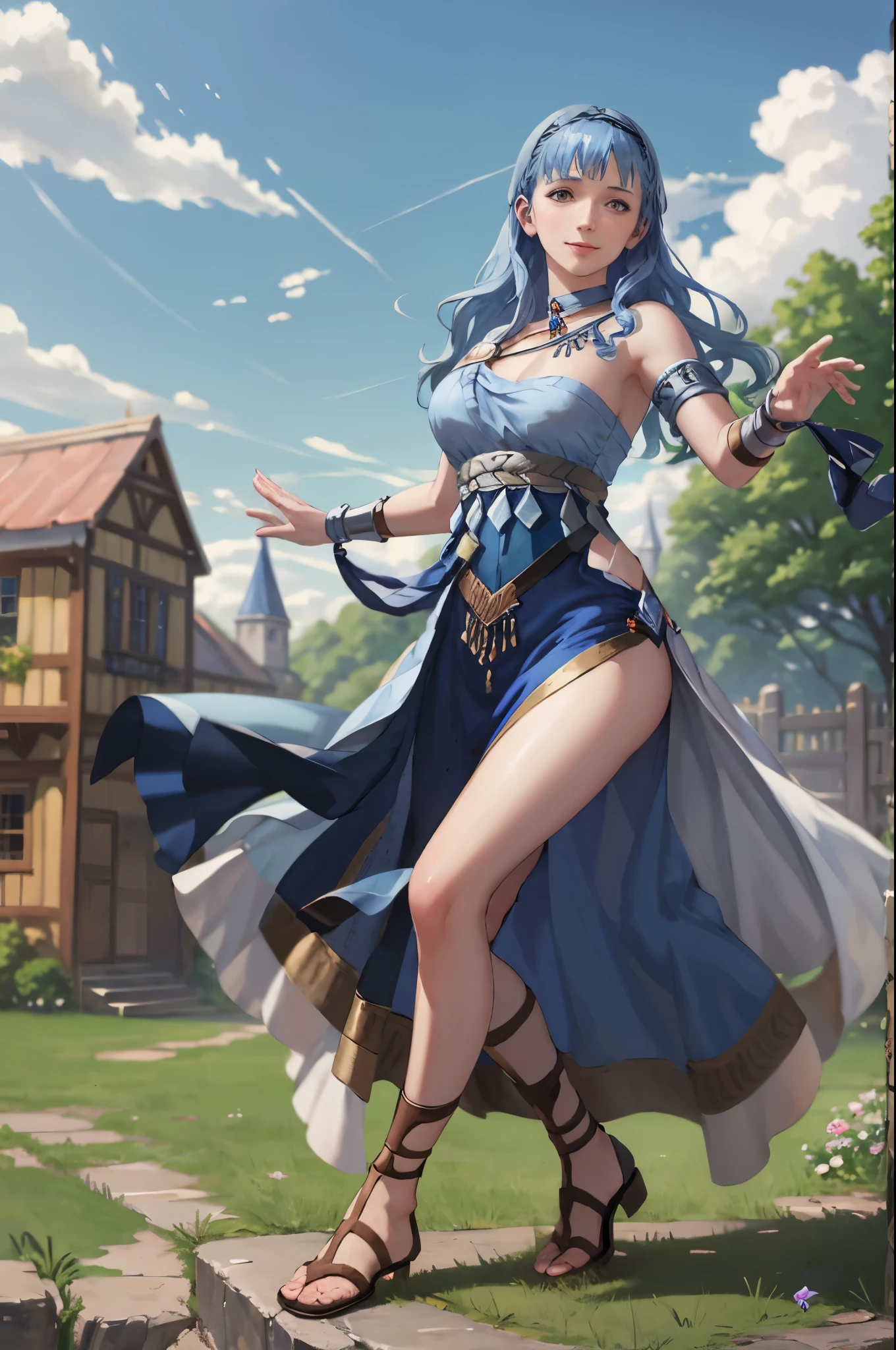 masterpiece, best quality, Marianne Von Edmund, marianne_hopes, blue hair, large breasts, blue danceroutfit, looking at viewer, smile, sky, clouds, garden, cowboy shot, long hair, hairband