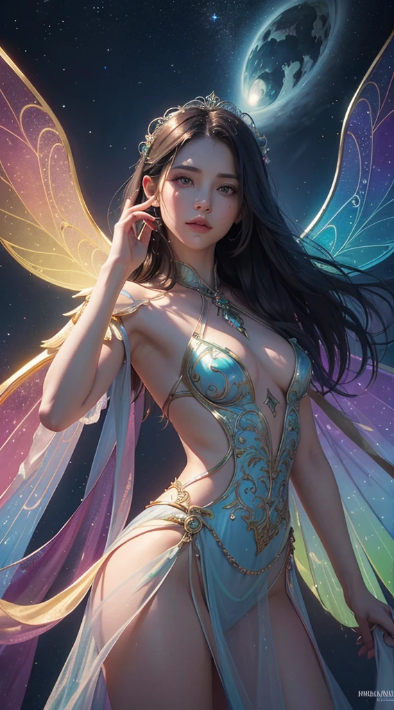 (((masterpiece))), (((Best quality))), ((ultra detailed)),(highly detailed CG illustration), ((an extremely delicate and beautiful)), Cinematic light, Create a stunning work of fantasy art that imitates the style of current masters of the genre. The artwork should contain elements of both mythical fantasy and sorcerer and fairy tale fantasy with dreamy rainbow accents. ((Use rainbow as the main color scheme.)) The character in the artwork is a small, delicate but strong figure, with an aura of mystery and magic. (beautiful translucent wings). Pay close attention to intricate facial features, such as fascinating eyes with vibrant colors and bold shading. The character's clothing should be designed like that of a sorceress, silk, stunning embroidery, and subtle iridescent details. Incorporate (((Translucent rainbow))), dreamy colors, dynamic lighting, and detailed background elements to create a sense of wonder and immersion. Includes colorful flying magic butterflies and jewel-toned magic that radiates a magical aura. Consider the latest trends in fantasy art, such as incorporating unique lighting effects, exploring dynamic and compelling composition techniques, and experimenting with unique color palettes. Get inspired by the best artists on ArtStation and Midjourney. Camera: Choose an angle that highlights the beauty of the character and enhances the magical majesty of the artwork. Lighting: Use atmospheric lighting techniques to create depth and mood. Resolution: Aim for a high-resolution artwork to show intricate details and clarity. Artistic Inspirations: Find inspiration from trending artists on ArtStation, exploring different styles, genres, and themes.