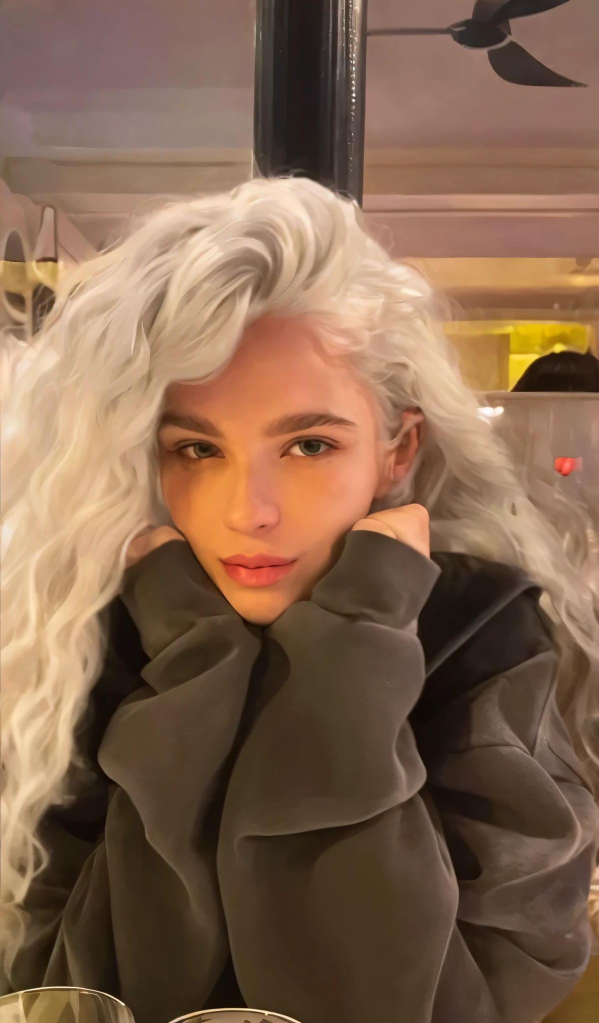 blonde woman with white hair sitting at a table with a glass of wine, ses cheveux blancs, curly white hair, curly white hair, silver curly hair, Her silver hair, Large bleached hair, wavy white hair messy, cheveux albinos, inspired by Louisa Matthíasdóttir, cheveux gris blancs fluides, silver-haired, Cheveux blancs fous