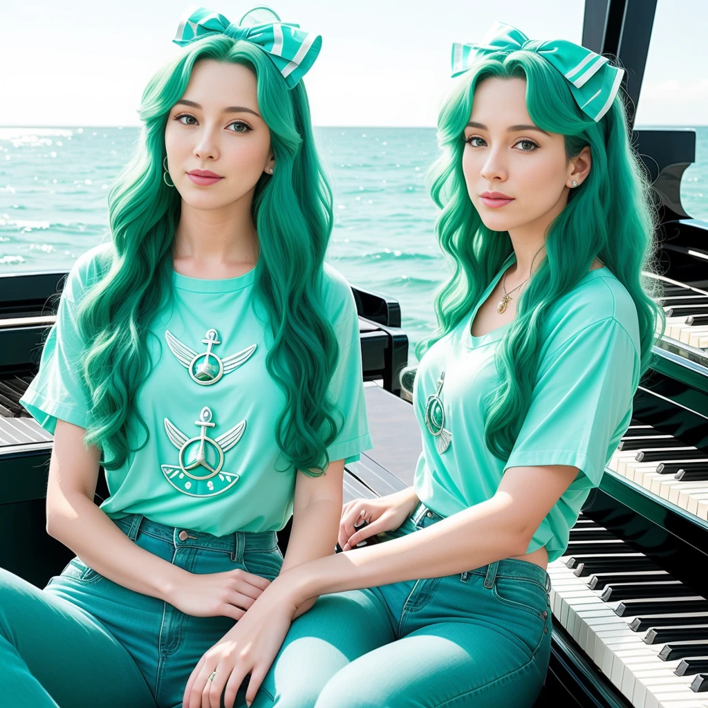 "(Mature and realistic portrayal:1.2) Sailor Neptune exuding confidence as she plays a sea green colored piano with transparent keys, her sea-green hair cascading down, adorned in stylish sea-green denim clothes from the 2000s, with a backdrop filled with hair bows."
