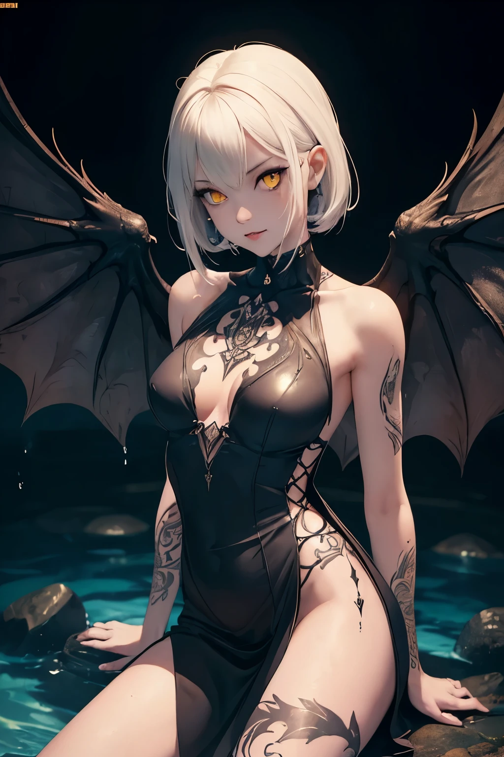 Slim hips, wings, fangs, evil, glowing eyes, pale, (tattoos:1.2), entire body in frame, yellow eyes, cute mouth, (full body), soft lips, small woman, flat breasts, (Hitomi), (dripping water on skin), (in focus:1.2), (highly detailed:1.2), 8k wallpaper, (detailed face and eyes:1.2), cute face, spreading legs, (skimpy accustomed dress:1.3).