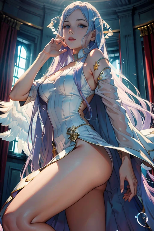 (best quality, 4k, 8k, high resolution, masterpiece: 1.2), ultra-detailed, hauntingly beautiful, powerful, mystical, majestic, mysterious, enchanting, elegant, seductive, goddess, beauty, attractive, divine, long white dress, Divine dress,floating, shining, robes fluttering, delicate and detailed features, piercing eyes, radiant skin, on a bed, a shining tower, vast wuarto, divine beauty, solemn atmosphere, face portrait