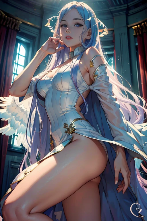 (best quality, 4k, 8k, high resolution, masterpiece: 1.2), ultra-detailed, hauntingly beautiful, powerful, mystical, majestic, mysterious, enchanting, elegant, seductive, goddess, beauty, attractive, divine,  long white dress, Divine dress,floating, shining, robes fluttering, delicate and detailed features, piercing eyes, radiant skin, on a bed, a shining tower, vast wuarto, divine beauty, solemn atmosphere, face portrait