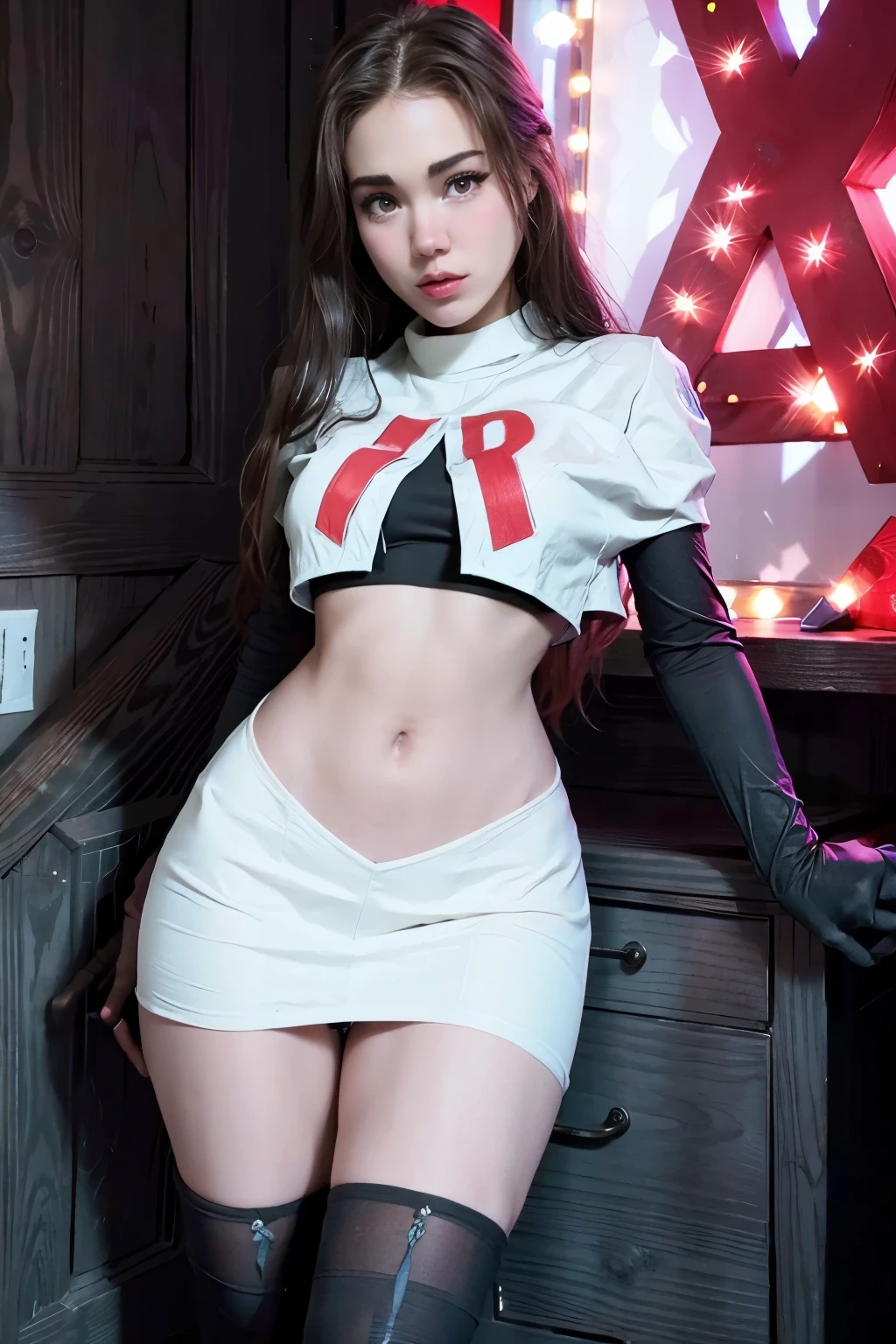 jenf0xx, team rocket,team rocket uniform, red letter R, white skirt,white crop top,black thigh-highs, black elbow gloves,