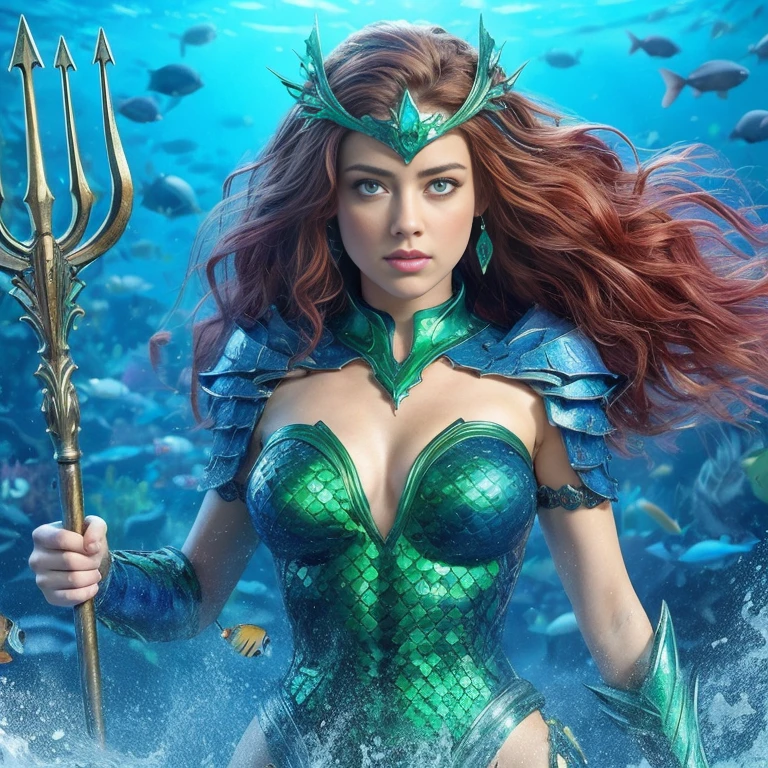 AMBER HEARD mujer hermosa, caucasian, pelo color rojo y largo, ojos claros, mojada, tiara verde, vestida con traje de armadura cuerpo completo color azul y verde con escamas, mera reyna de atlantis, sosteniendo un tridente, in defense position to attack, at the bottom of the ocean among marine fauna, ((Calidad superior, 8k, obra maestra: 1.3)), belleza, AMBER HEARD, Grande: 1.3, Abdominales delgados: 1.1, Textura facial y de piel muy detallada.