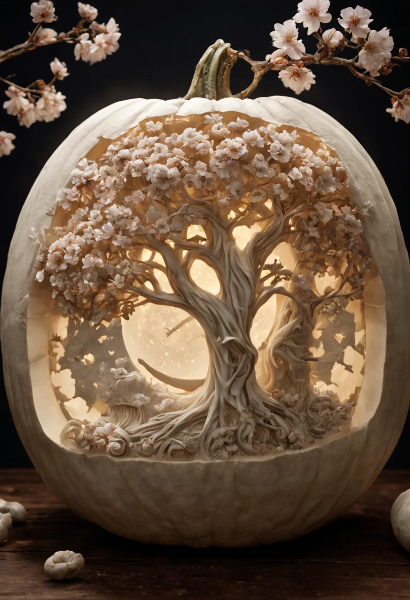 Intricately carved white pumpkin of cherry blossom trees, Jack-o'-Lantern in the moonlight, large moon in the starry night sky. Photography taken by canon eos r5, intricate, highly detailed, fantasy, perfect white balance, action shot, glow, sunlight, uhd edge lighting, prime photography, crisp and smooth line quality, intricate and cinematic details, vibrant nature, warm colors, Artstation, Pinterest