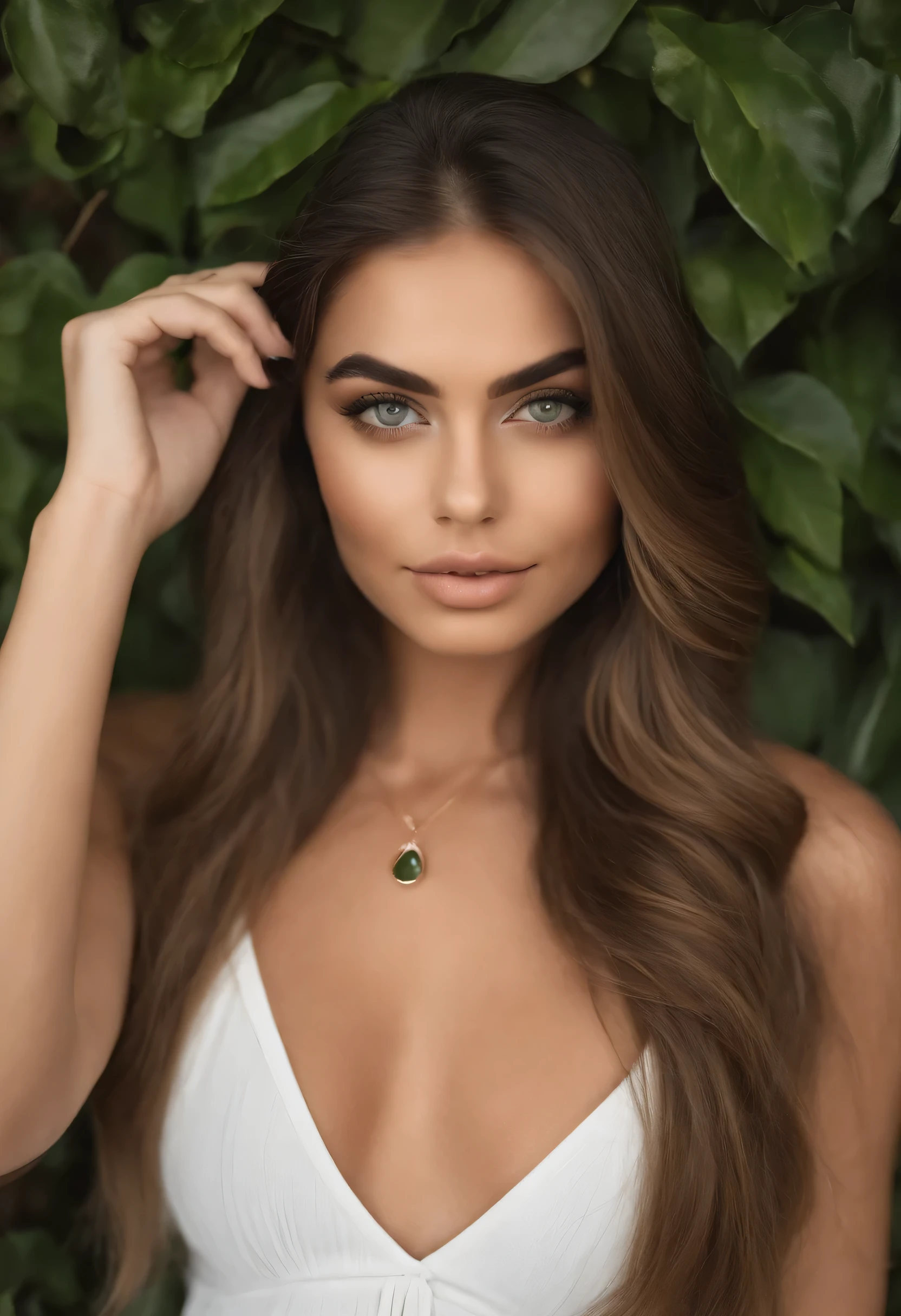 mulher arafada com uma regata branca e um colar, com olhos verdes, Retrato de Sophie Mudd, cabelos castanhos e olhos grandes, selfie de uma jovem, olhos do quarto, Violeta Myers, sem maquiagem, maquiagem natural, looking directly at the camera, cara com artgram, maquiagem sutil, stunning corpo todo shot, olhos verdes penetrantes, beautiful angle, pose atraente, linda garota, pose sexy, corpo todo picture, corpo todo, corpo todo shoot, deusa morena, alto detalhe, pose satisfeita, leather pant