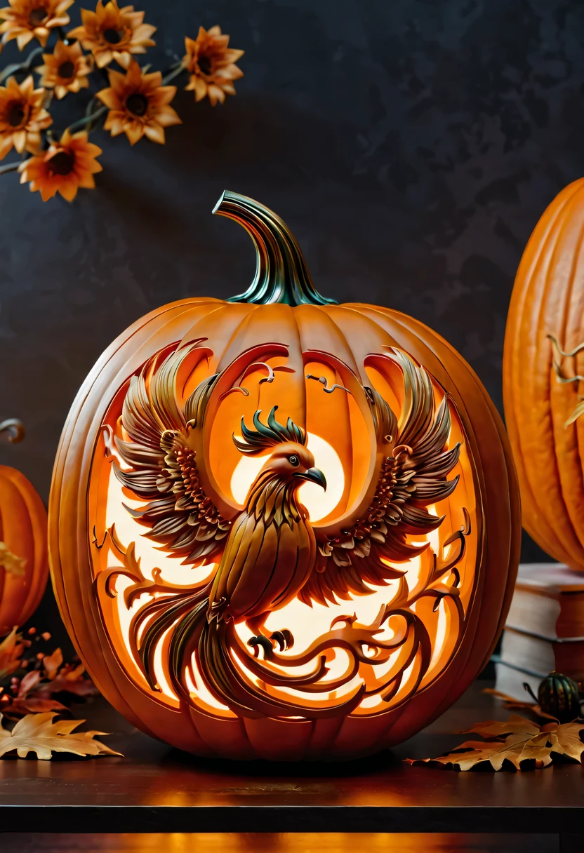 (high quality,4K,actual,photoactual:1.2),Detailed pumpkin lantern,Delicate pumpkin carving,Art Pumpkin Sculpture,Beautiful phoenix sculpture,ultra-actual,Highly detailed engraving,natural pumpkin color,Table top decoration.