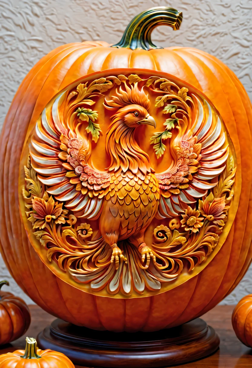 pumpkin lantern,pumpkin relief,pumpkin art,Embossed art,Elaborate relief,Diaofeng，surreal, high detail, detailed, lifelike, natural pumpkin color, table decorations，