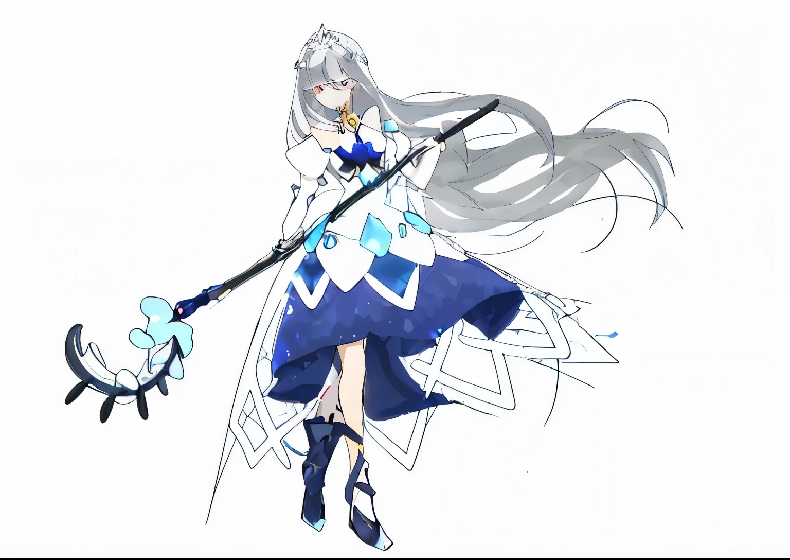 white hair girl,There are sapphires on the skirt,flowing hair,Hold a magic wand