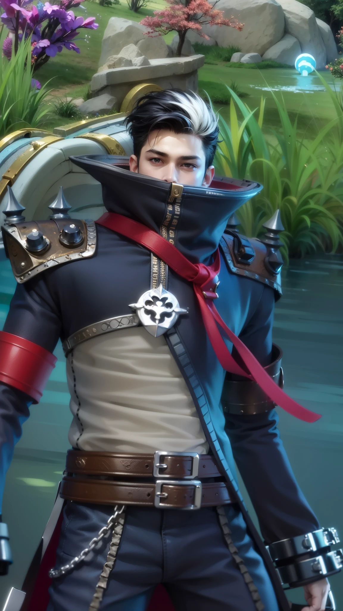 masculine male, masterpiece, ((perfect eyeest quality, (semirealism:1.9), beautiful lighting, (extremely detailed CG unity 4k fhd wallpaper), High Detail, Sharp focus, dramatic outdoors, 1 boy ,19 years old, black white hair, light purpel eyes, 1boy,blue hair, best quality, photo, 4k,looking at viewer,full body,wear red armor.