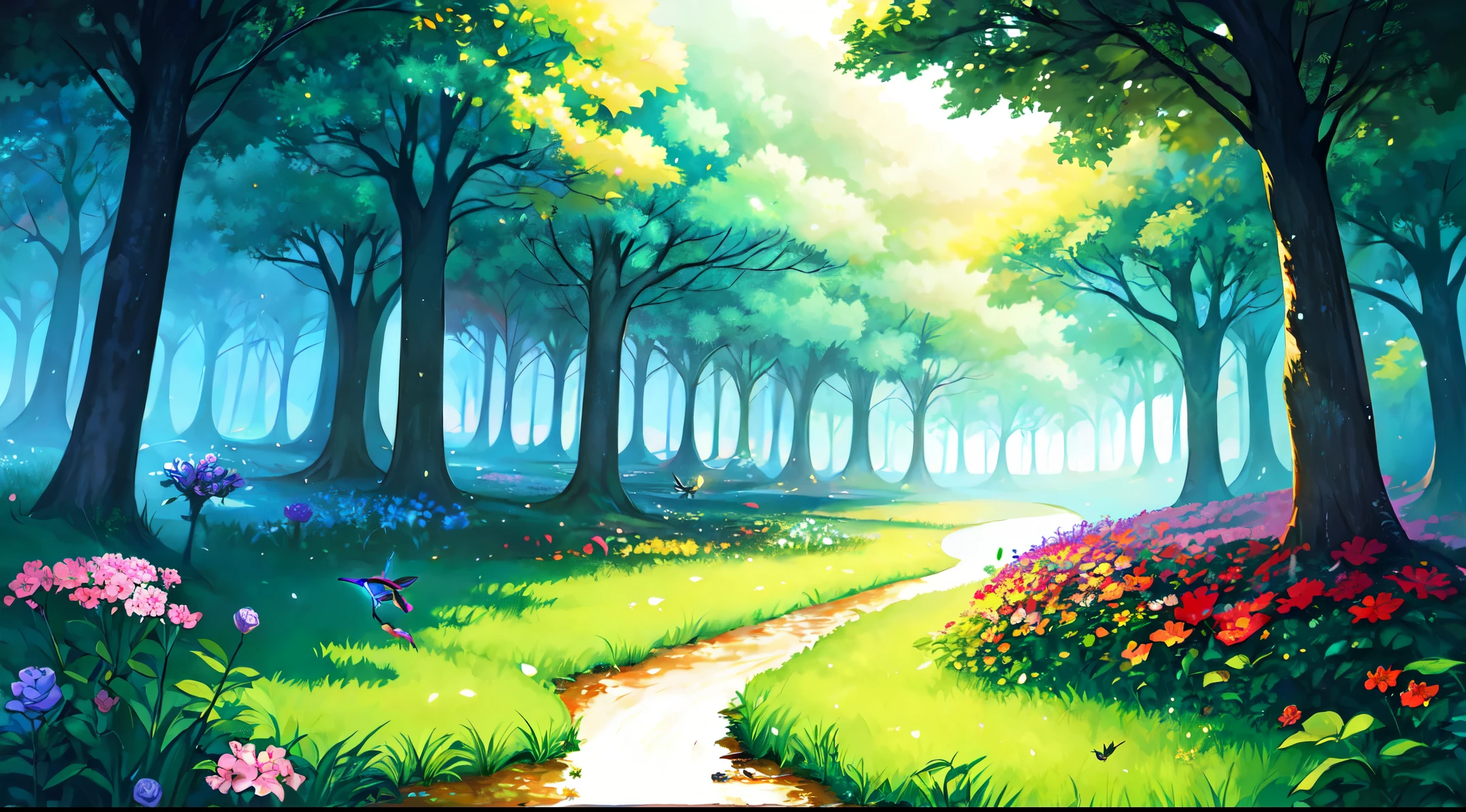 Illustration design for banner, cover art, cover art for art page, wonderland, fantasy land, mysterious forest, flowers, insects, trees, Grass, brushes, colorful, magical land, Dark forestRecife, a Small river, beautiful land,