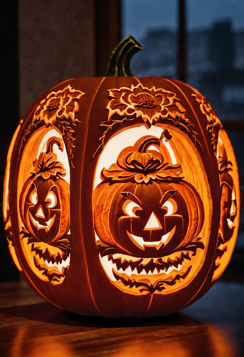 (best quality, high resolution, actual:1.2), Super detailed, pumpkin lantern, pumpkin relief, pumpkin art, Embossed art, intricate reliefs, natural pumpkin color, Table top decoration, Fine craftsmanship, bright colors, Artistic texture, Meticulous carving, actual lighting