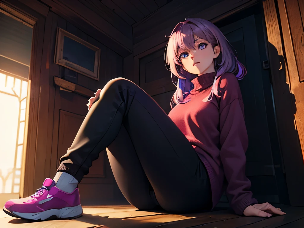 best quality, ultra-detailed, game cg, art cg, photorealistic, movie lighting, perfect shadow, realistic lighting shaded,1 woman, multicolored hair, purple hair, pink hair, black, blue eyes, red sweater, black pants, purple shoes,