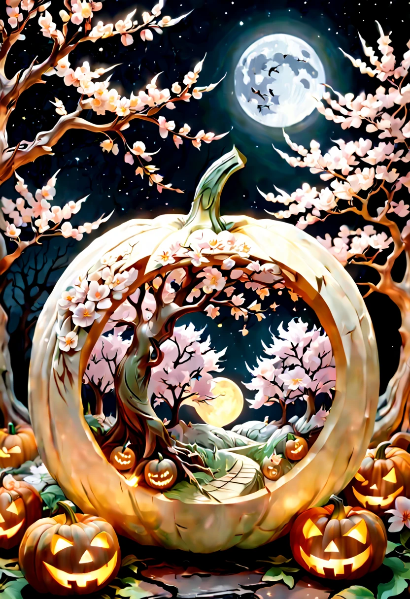 Intricately carved white pumpkin of cherry blossom trees, Jack-o'-Lantern in the moonlight, large moon in the starry night sky. Photography taken by canon eos r5, intricate, highly detailed, fantasy, perfect white balance, action shot, glow, sunlight, uhd edge lighting, prime photography, crisp and smooth line quality, intricate and cinematic details, vibrant nature, warm colors, Artstation, Pinterest