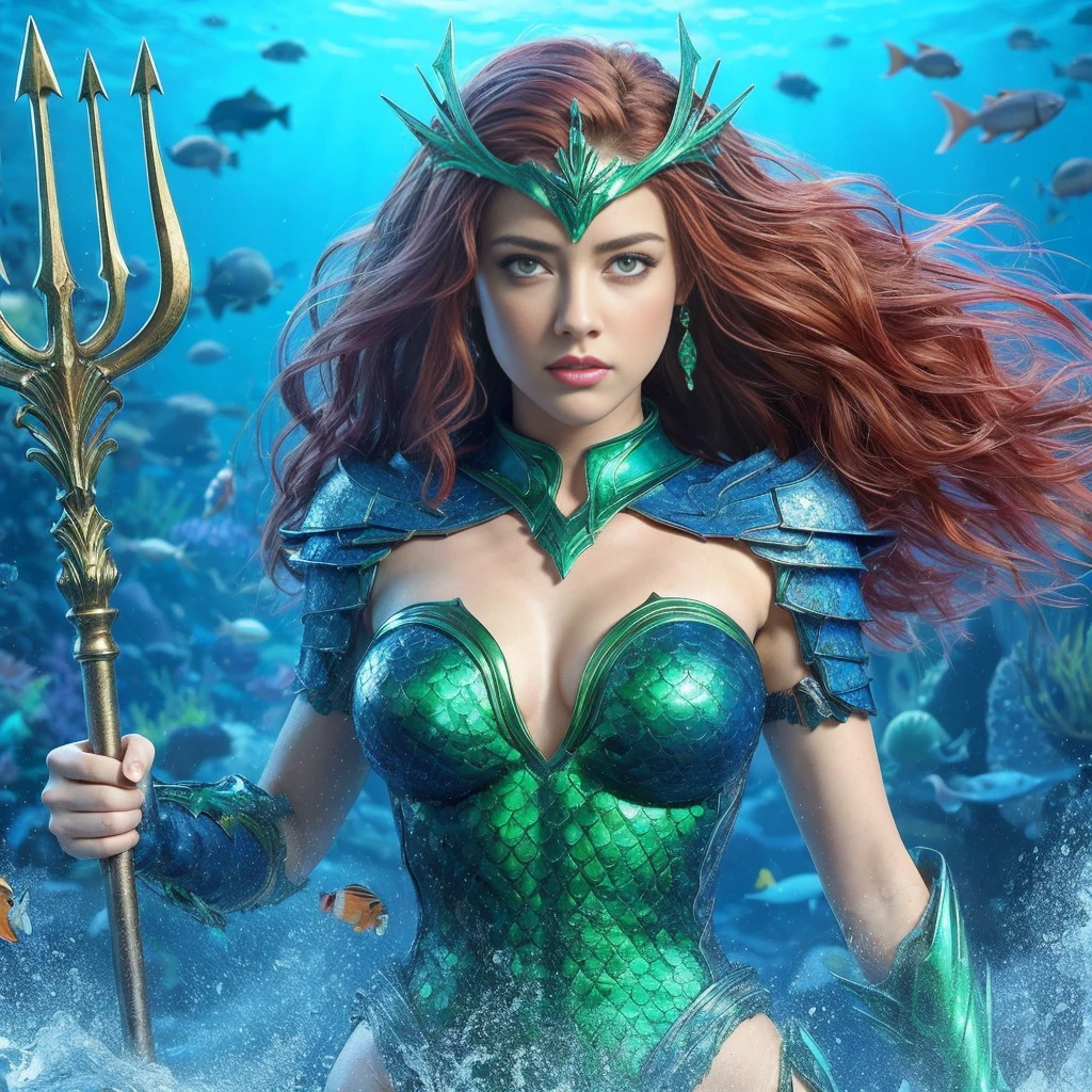 AMBER HEARD mujer hermosa, caucasian, pelo color rojo y largo, ojos claros, mojada, tiara verde, vestida con traje de armadura cuerpo completo color azul y verde con escamas, mera reyna de atlantis, sosteniendo un tridente, in defense position to attack, at the bottom of the ocean among marine fauna, ((Calidad superior, 8k, obra maestra: 1.3)), belleza, AMBER HEARD, Grande: 1.3, Abdominales delgados: 1.1, Textura facial y de piel muy detallada.