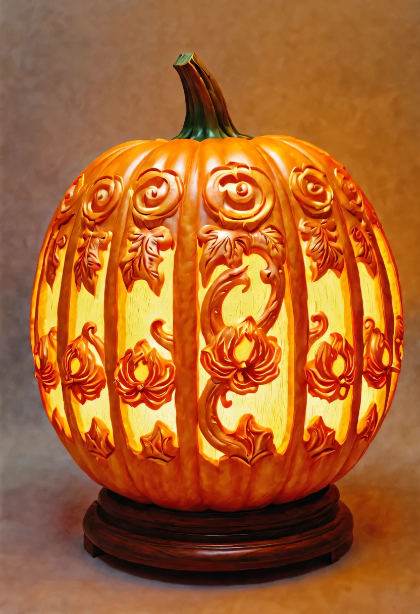 :pumpkin relief,pumpkin art,Embossed art,Elaborate relief,，surreal, high detail, detailed, lifelike, natural pumpkin color, table decorations,Engraving art pattern,Glowing lanterns，high contrast，best shadow，chiaroscuro，minimalist style