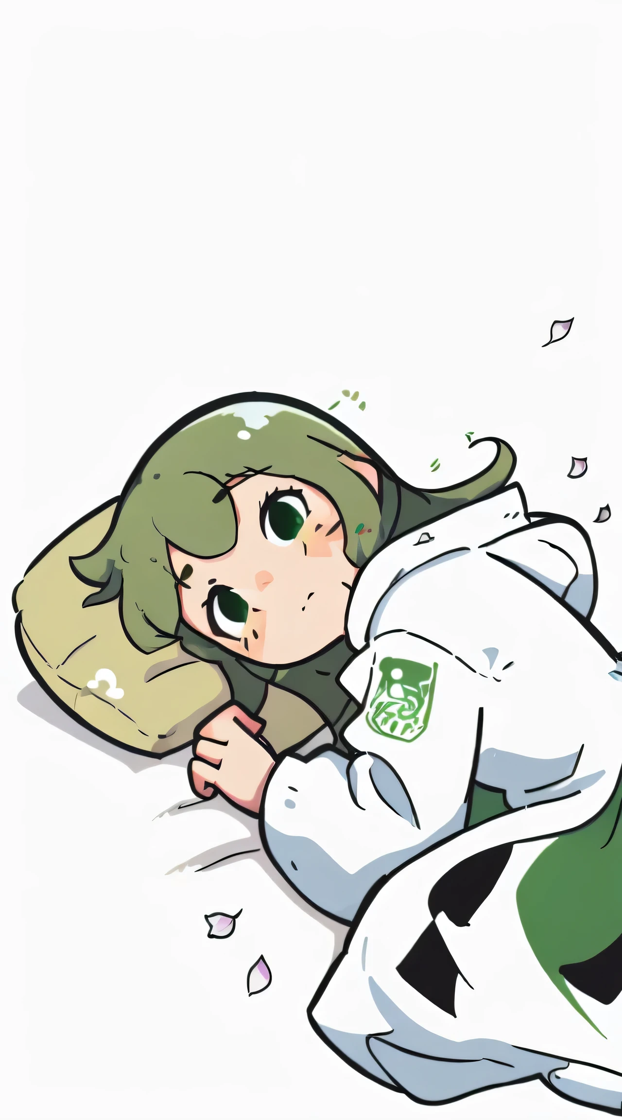 Green markings,(Q version,White background), -year-girl,ft dress,Lie sideways on the bed,alone,(green long hair,green long skirt),Get down on the bed,(petal noteeull body lesbian,(White background:1.2),graffiti in the style of Keith Haring,Clear illustration old lines and solid colors, Details come first