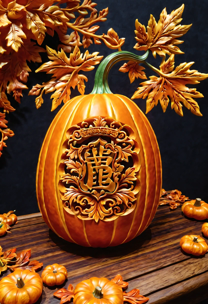 :pumpkin relief,pumpkin art,Embossed art,Elaborate relief,，surreal, high detail, detailed, lifelike, natural pumpkin color, table decorations,Engraving art pattern,Glowing lanterns，high contrast，best shadow，chiaroscuro，minimalist style