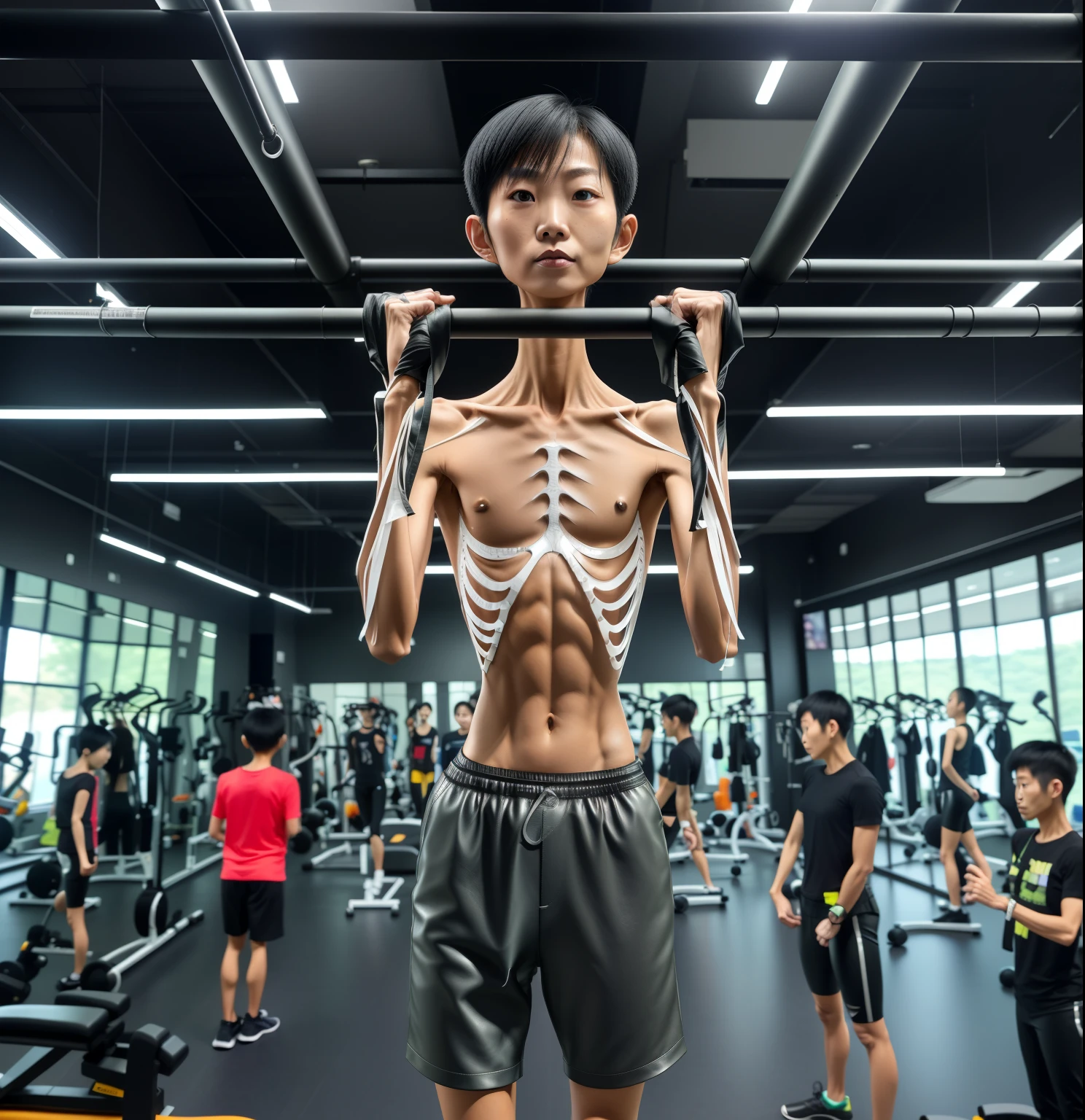 extremely thin woman,oily skin,The body very thin,Rib chest,Protruding sternum,The sternum obvious,Waist very thin,The ribs are noticeable,Protruding ribs,The pelvic protrusion very obvious,Clear outline of pelvis,The crotch protrudes,thin shoulde,Upper body,Waist very thin,Sunken abdomen,Abdominal muscle atrophy,Delicate arms,arm muscle atrophy,slender thighs,leg muscle atrophy,hunger,Wear tight leather pants,Short hair details,asian face,Haggard expression,Excessive weight loss,sunken face,Severe malnutrition