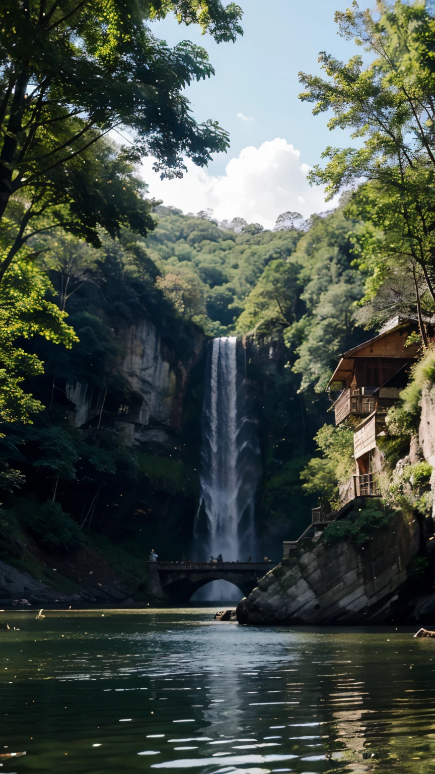 Empty worn wooden benches on the edge of a lake with clear clear water, big shady trees, empty boats on the lake, leaves blowing in the wind, steep rocky hills, terraced waterfalls, ferns, weeds, taro plants, flying rock magpies, Hyper-realistic