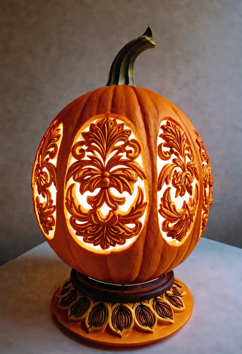 :pumpkin relief,pumpkin art,Embossed art,Elaborate relief,，surreal, high detail, detailed, lifelike, natural pumpkin color, table decorations,Engraving art pattern,Glowing lanterns，high contrast，best shadow，chiaroscuro，minimalist style