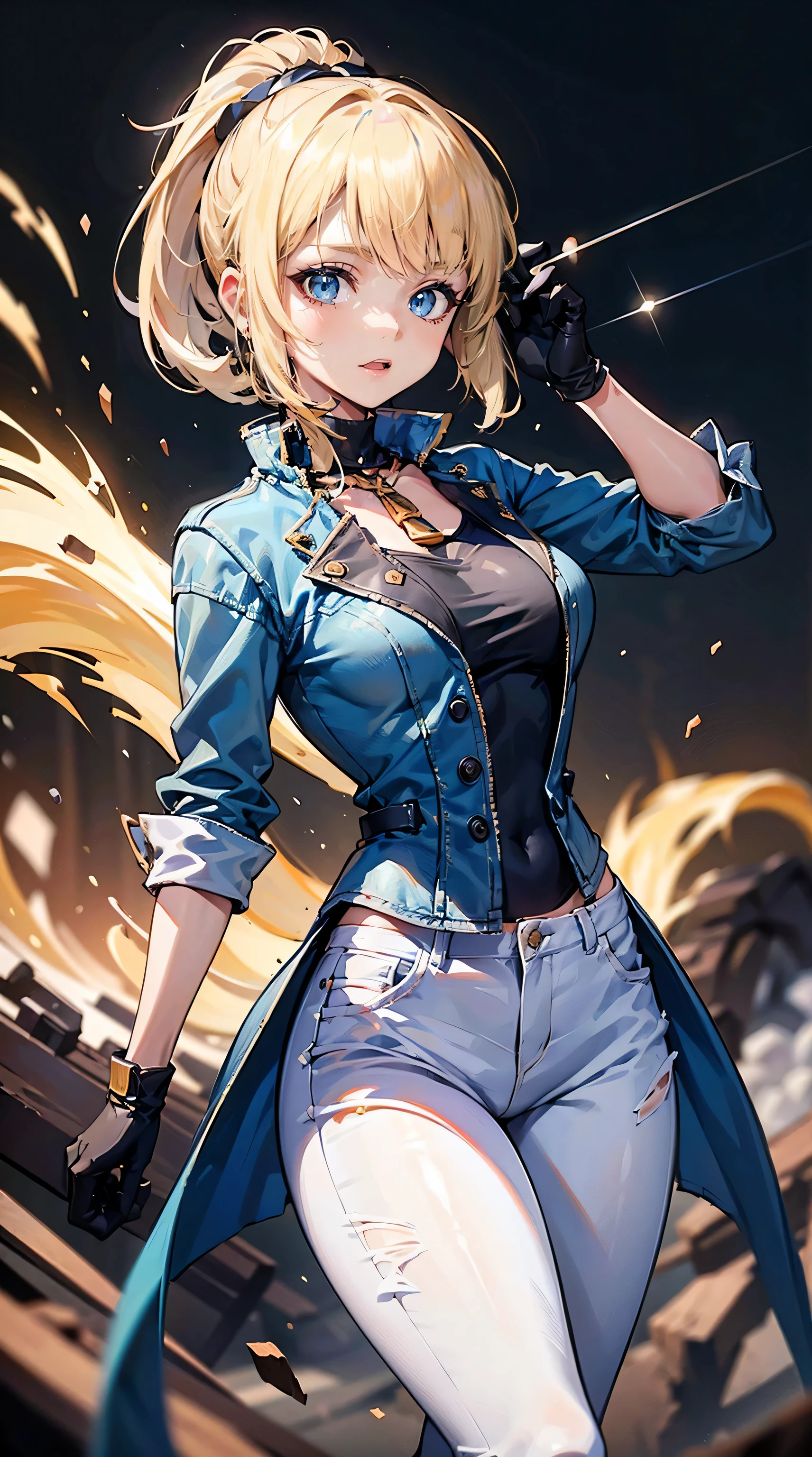 (((1 girl, cute, denim jacket, white top, jeans, Gloves, blond, short hair, bob hair, side parted hair, blue eyelond hair))), dynamic poses, manga style, depicting a group of characters in various action scenes, from intense battles to lighthearted moments, with dramatic speed lines and bold sound effects, capturing the excitement and energy of the story, Laser rays from the palm of hand, Attack forward with palm, yellowstone park, Grand Canyon,