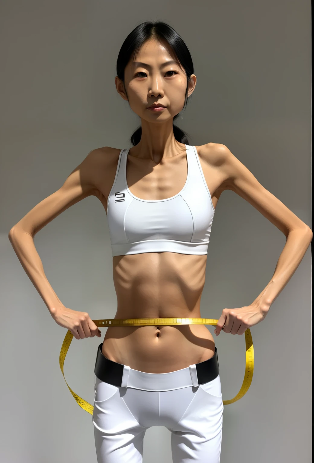 extremely thin woman,oily skin,The body very thin,Rib chest,Protruding sternum,The sternum obvious,Waist very thin,The ribs are noticeable,Protruding ribs,The pelvic protrusion very obvious,Clear outline of pelvis,The crotch protrudes,thin shoulde,Upper body,Waist very thin,Sunken abdomen,Abdominal muscle atrophy,Delicate arms,arm muscle atrophy,hunger,Wear tight leather pants,Short hair details,asian face,Haggard expression,Excessive weight loss,sunken face,Severe malnutrition