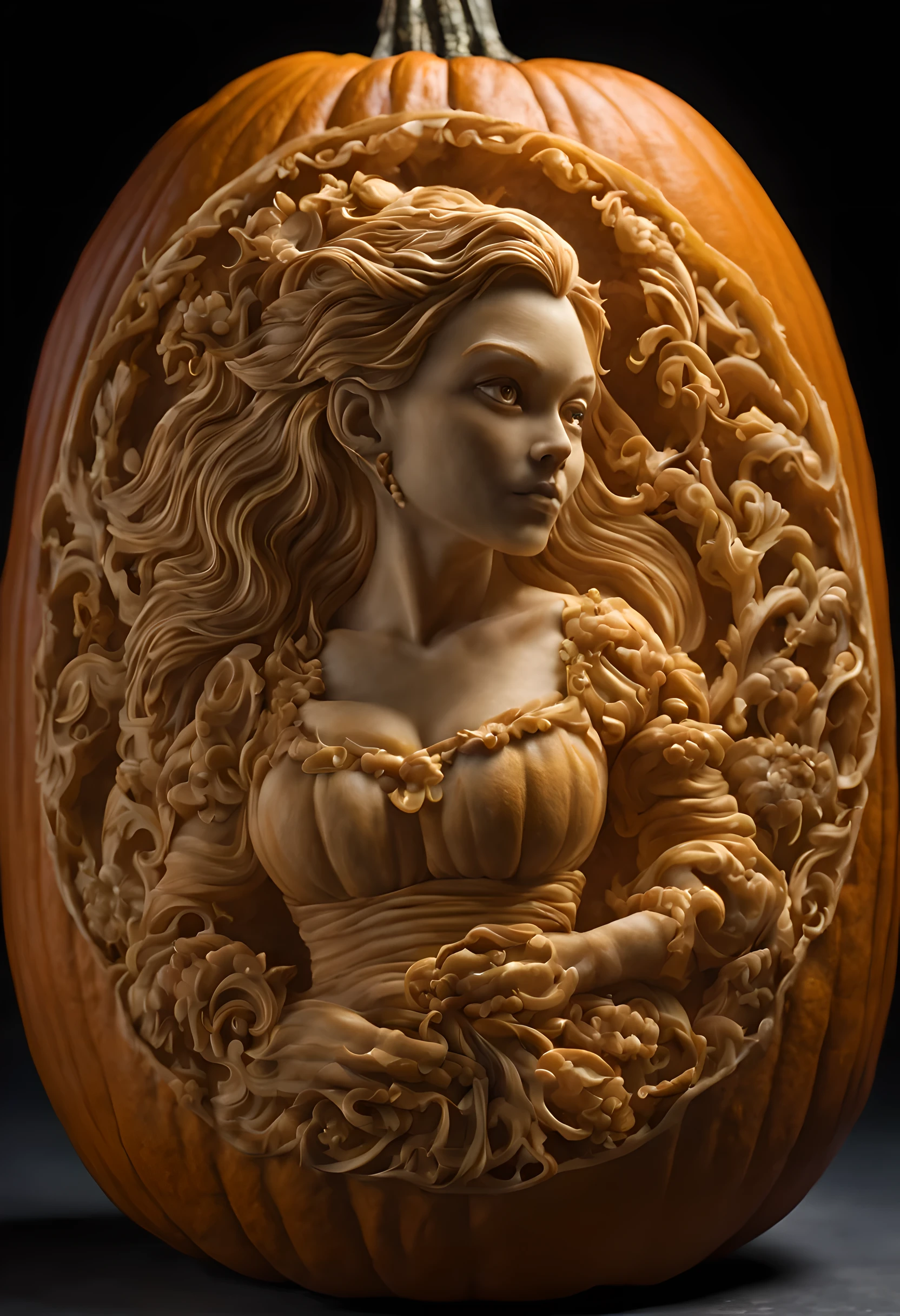 "A sultry siren carved into a pumpkin, her curves and features brought to life with intricate details and a touch of mischief."