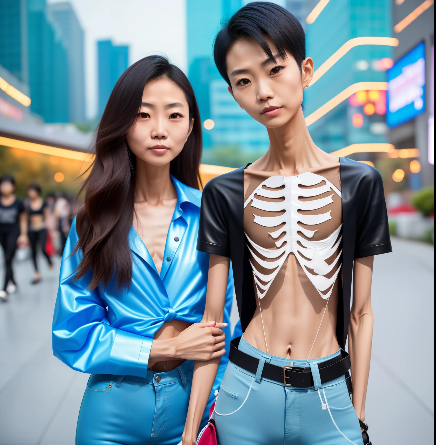 extremely thin woman,oily skin,The body very thin,Rib chest,Protruding sternum,The sternum obvious,Waist very thin,The ribs are noticeable,Protruding ribs,The pelvic protrusion very obvious,Clear outline of pelvis,The crotch protrudes,thin shoulde,Upper body,Waist very thin,Sunken abdomen,Abdominal muscle atrophy,Upper body,Delicate arms,arm muscle atrophy,hunger,Wear tight leather pants,Short hair details,asian face,Haggard expression,Excessive weight loss,sunken face,Severe malnutrition
