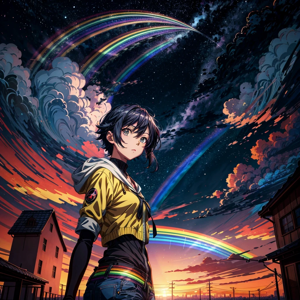 ((Cielo diurno del arco iris))、1chica, 1 gato, cuerpo completo, anime, abrazando a un gato, Ciudad del futuro cercano、 es tacion del tren, Makoto Shinkai Cyril Rolando, Fondo de pantalla de arte anime 4k, Fondo de pantalla de arte anime 4k, Fondo de pantalla de arte anime 8k, inspirado en Cyril Rolando, En el estilo Dan Mumford Artwork, Amazing wallpapers, por Yuumei