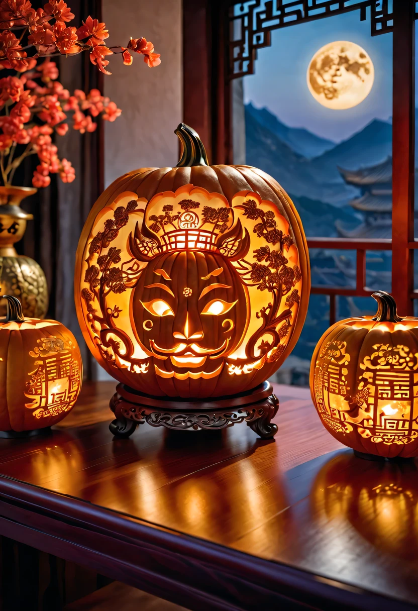 :pumpkin relief,pumpkin art,Embossed art,Elaborate relief,，surreal, high detail, detailed, lifelike, natural pumpkin color, table decorations,Engraving art pattern,Glowing lanterns，high contrast，best shadow，chiaroscuro，minimalist style