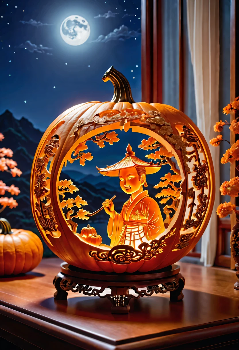 :pumpkin relief,pumpkin art,Embossed art,Elaborate relief,，surreal, high detail, detailed, lifelike, natural pumpkin color, table decorations,Engraving art pattern,Glowing lanterns，high contrast，best shadow，chiaroscuro，minimalist style