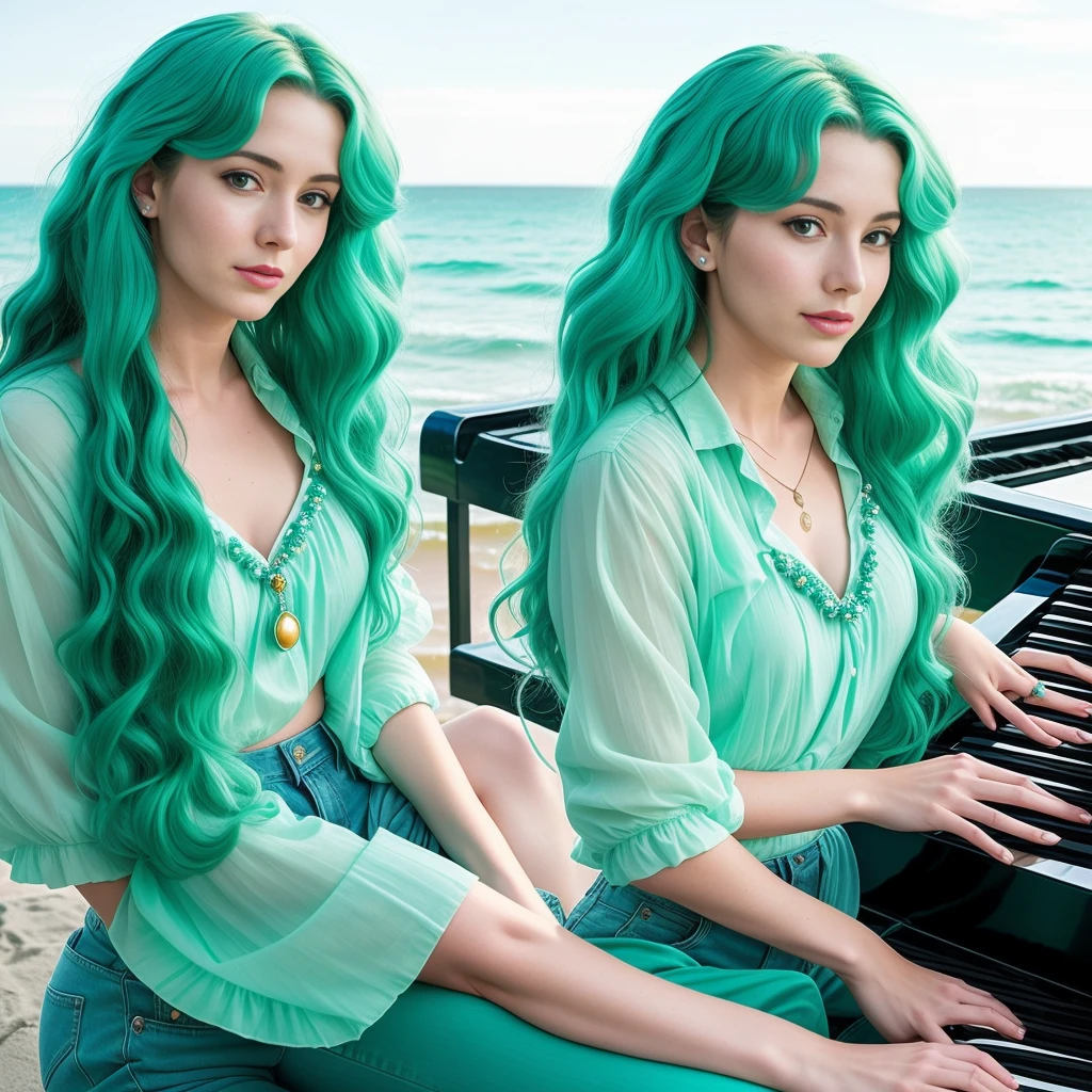 "(Mature and realistic portrayal:1.2) Sailor Neptune exuding confidence as she plays a sea green colored piano with transparent keys, her sea-green hair cascading down, adorned in stylish sea-green denim clothes from the 2000s, with a backdrop filled with hair bows."