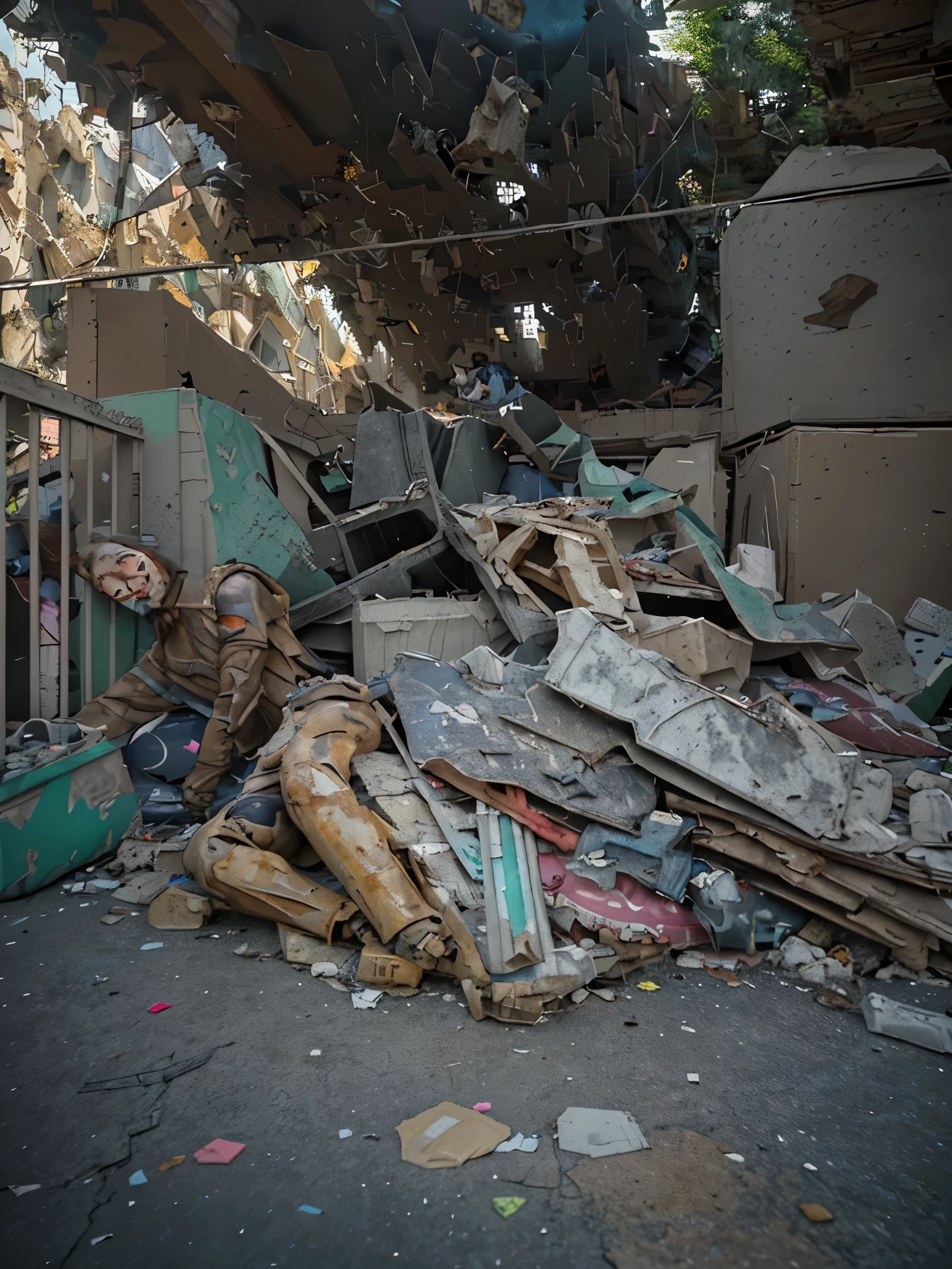 there  a man that  sitting on a pile of rubble, discarded mech suit in background,, destroyed clothes, collapsed floors, with several broken statues, damaged structures, piles of trash and junk, destroyed human structures, destroyed robot dogs remains, broken statues, scattered rubbish and debris, debris on the ground, traditional Japanese concept art, Andrea's Rocha style, stylized fantasy artwork, anime epic artwork, detailed render, ANIME