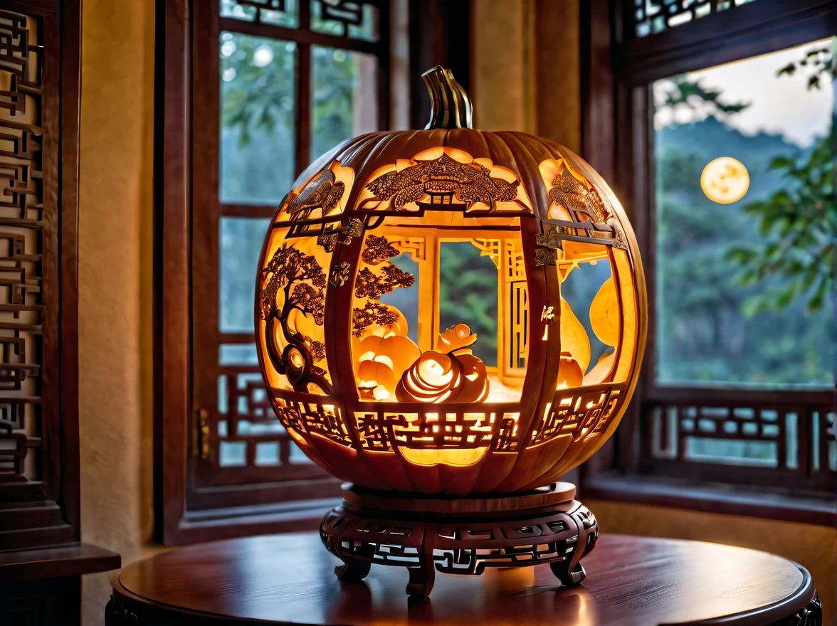 pumpkin lantern:Carve pumpkins:artwork:Art and intricate design:The work of skilled craftsmen:beautiful,Chinese style,elegant,fantasy,fantasy,magic,masterpiece,table decorations,Light outside the window:moonlight,beautiful光と影,最高masterpiece