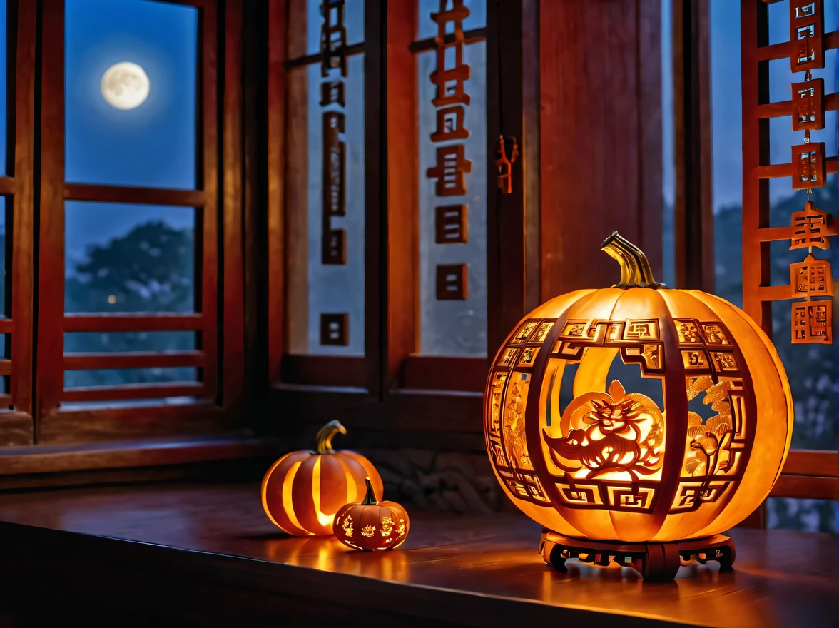pumpkin lantern:Carve pumpkins:artwork:Art and intricate design:The work of skilled craftsmen:beautiful,Chinese style,elegant,fantasy,fantasy,magic,masterpiece,table decorations,Light outside the window:moonlight,beautiful光と影,最高masterpiece